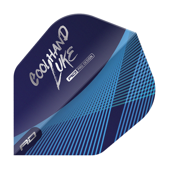 Red Dragon Luke Humphries Coolhand Blue Silver No6 Flights Das Bild zeigt ein Dartflight in Blau mit silbernen und blauen Linien. Auf dem Flight steht der Schriftzug „Coolhand Luke“ und das Logo „RD Pro Design“.