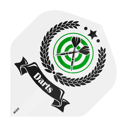 MD-401-4SLog_4-seitig_Bedruckte_Flights_Logo_MDX_2 Mehrere Dart-Flights mit farbigen Aufdrucken liegen nebeneinander. Das Logo ist in der Mitte der Flights platziert.