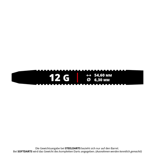 GOAT Athlete Blue Brass Steeldarts - 12g Das Bild zeigt die Maße und das Gewicht des Produkts "GOAT Athlete Blue Brass Steeldarts - 12g". Der Dart hat ein Gewicht von 12 Gramm, eine Länge von 54,60 mm und einen Durchmesser von 6,30 mm.