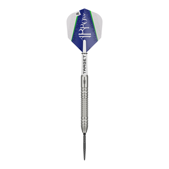 Target Shane McGuirk GEN1 Swiss Point Steel Darts - 23g Auf dem Bild ist der Target Shane McGuirk GEN1 Swiss Point Steeldart mit 23g zu sehen. Der Dartpfeil hat ein silbernes Griffstück und eine blau-weiße Flight mit grünem Akzent.
