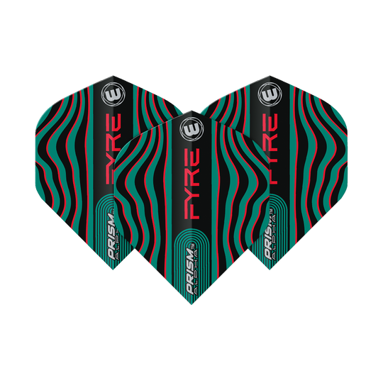 6915-708_Winmau_Prism_Alpha_Fyre_BlackTurquoiseRed_Standard_Flights_1vxTlhNamoefID Das Bild zeigt drei Dart-Flights des Modells "Winmau Prism Alpha Fyre" in Schwarz, Türkis und Rot. Die Flights haben ein auffälliges, wellenförmiges Linienmuster und die Wörter "FYRE" und "PRISM" sind darauf zu sehen.