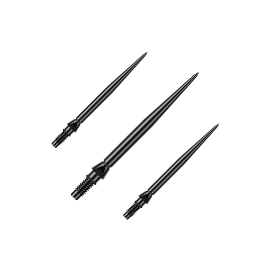 Auf dem Bild ist ein Set schwarzer glatter Steeldartspitzen von Winmau zu sehen. Die Spitzen sind 26mm lang.