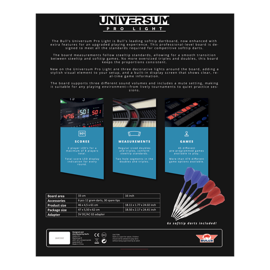 Auf dem Bild ist das Bulls NL Universum Pro Light Elektronisches Dartboard - Blau Rot zu sehen. Es eignet sich perfekt für Darts-Spiele zu Hause.