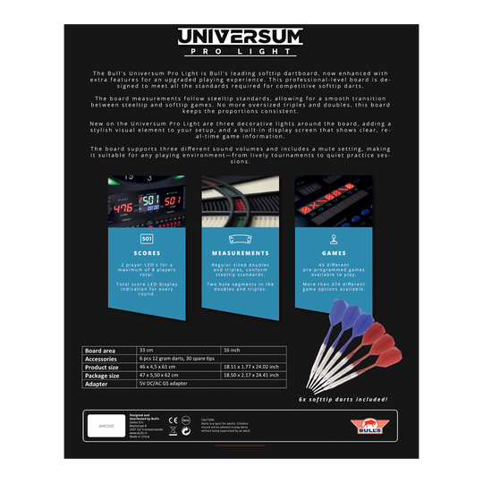 Bulls NL Universum Pro Light Electronic Dartboard - Blue Red Auf dem Bild ist das Bulls NL Universum Pro Light Elektronisches Dartboard - Blau Rot zu sehen. Es eignet sich perfekt für Darts-Spiele zu Hause.