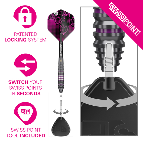 Target Lorraine Winstanley GEN2 Swiss Point Steel Darts - 24g Hier sind die Target Lorraine Winstanley GEN2 Swiss Point Steeldarts - 24g zu sehen. Das Bild betont die spezielle Gestaltung und Konstruktion des Produkts.