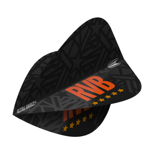 Target UltraGhost Raymond Van Barneveld GEN2 Kite Flights Das Bild zeigt das Produkt "Target UltraGhost Raymond Van Barneveld GEN2 Kite Flights". Die Dartflights sind schwarz mit orangenen Buchstaben "RVB" und gelben Sternen bedruckt.