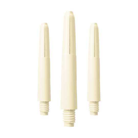 576_Nylon_Shafts_Naturweiss_35mm_1 Das Bild zeigt drei Nylon Shafts in der Farbe Naturweiß. Die Shafts haben ein schlichtes, glattes Design mit einem Schraubgewinde am unteren Ende.