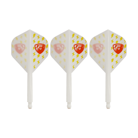 Condor AX Thunderbolt White Flight System - Standard Das Bild zeigt drei weiße Dartflights des Condor AXE Thunderbolt White Flight-Systems in Standardform. Die Flights sind mit gelben Blitzen und einem roten Schild-Logo verziert.