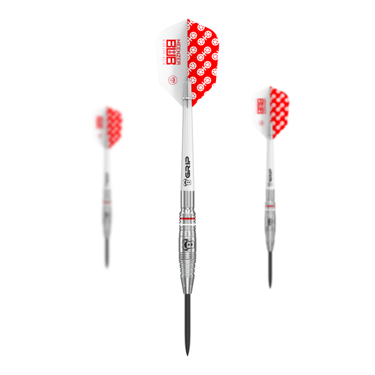 Bulls Niko Springer steel darts Das Bild zeigt drei Bulls Niko Springer Steeldarts mit silbernem Schaft und weiß-rotem Flight. Die Flights sind mit einem roten Muster und Schriftzug versehen.