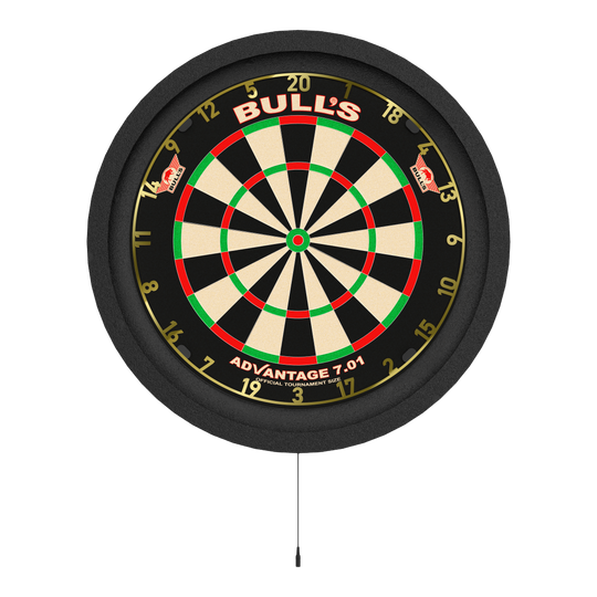 Das Bild zeigt eine Dartscheibe mit einer runden, beleuchteten Umrandung. Es handelt sich um das Produkt „Bulls NL Lumo 2 Light Surround Beleuchtungssystem“.