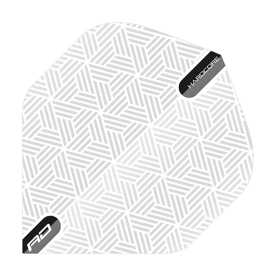 TF6427_Red_Dragon_Hardcore_White_Standard_Flights_12kOb2xIMxk6qJ Das Bild zeigt ein weißes Dartflight mit einem geometrischen Muster. In den Ecken stehen die Wörter "HARDCORE" und "RD".