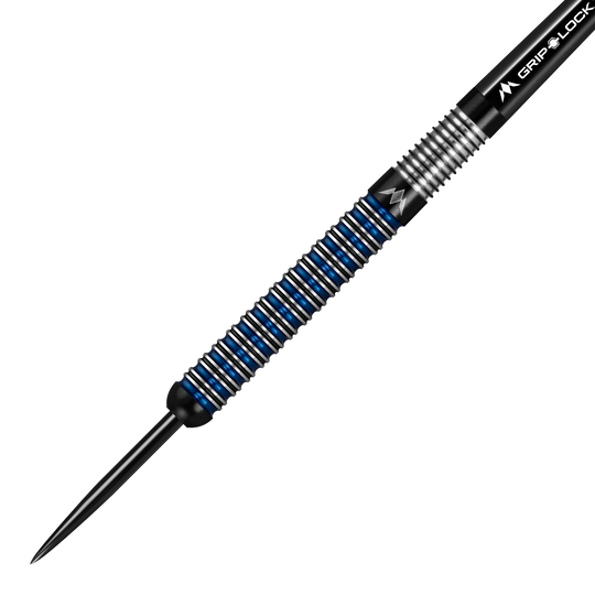 Mission Nightfall Model 1 steel darts Das Bild zeigt einen Mission Nightfall Model 1 Steeldart. Der Dart hat ein modernes Design mit silbernen und blauen Ringen am Barrel.