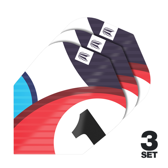 Das Bild zeigt drei Sets von Target Pro Ultra Chicane Blue No6 Flights für Darts. Auf den Flights sind rote, blaue und schwarze Designelemente sowie die Zahl 1 zu sehen.