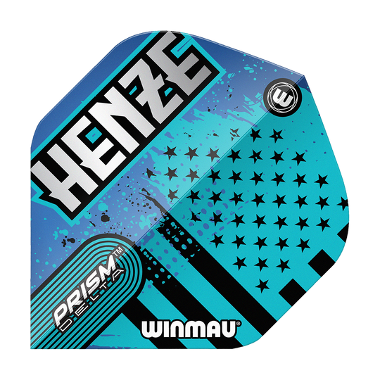 Winmau Prism Delta Rick Henze Standard Flights Das Bild zeigt ein Winmau Prism Delta Rick Henze Standard Flight in blau-schwarzem Design. Auf dem Flight stehen die Wörter "HENZE", "PRISM DELTA" und "WINMAU".