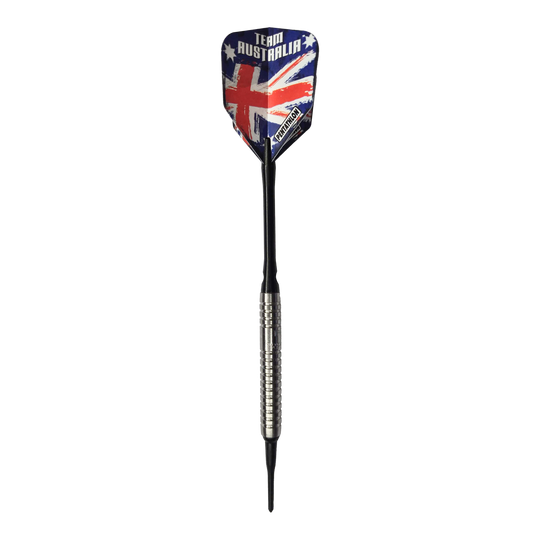 McDart 85 Tungsten V5 Soft Darts - 16g Auf dem Bild ist ein Softdart namens "McDart 85er Tungsten V5" mit einem Gewicht von 16g zu sehen. Der Flight zeigt das Design der australischen Flagge und die Aufschrift "Team Australia".