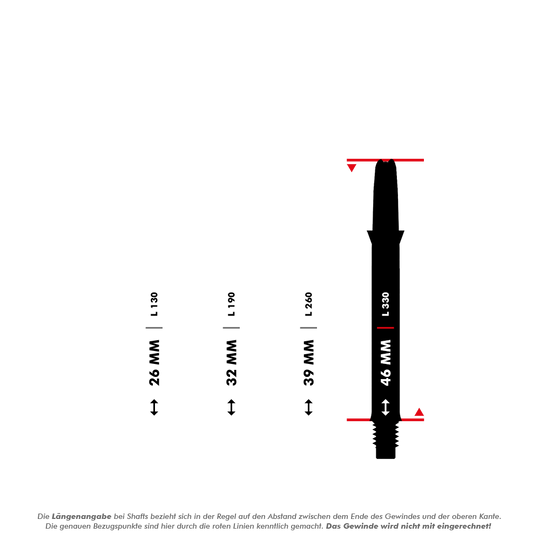 L-L-Style-Shaft Carbon Silent Straight - Schwarz Das Bild zeigt verschiedene Längen von Dart-Schäften, wobei der längste Schaft mit 46 mm hervorgehoben ist. Die Messung erfolgt vom Ende des Gewindes bis zur oberen Kante, das Gewinde selbst wird nicht mitgerechnet.