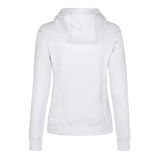 Barrels and Shafts Women's Hoodie - White Dies ist ein weißer Damen-Hoodie, der von hinten zu sehen ist. Das schlichte Design zeigt lange Ärmel und eine Kapuze.