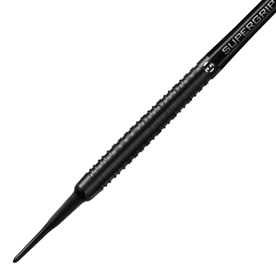 Harrows NX90 Black Edition soft darts Dieses Bild zeigt den Harrows NX90 Black-Edition Softdart. Der Dart ist komplett schwarz und hat eine geriffelte, griffige Oberfläche.