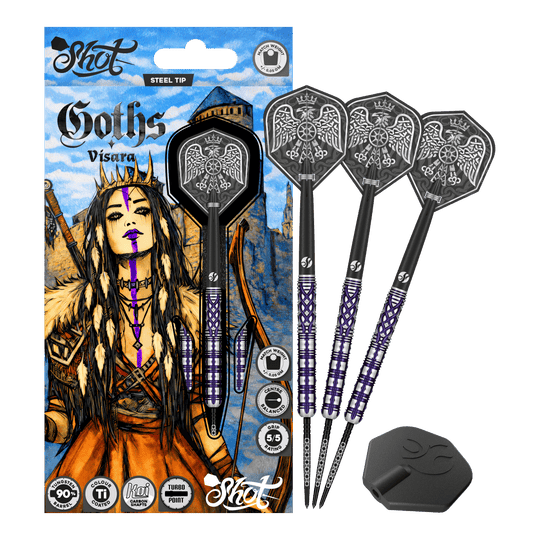 Shot Goths Visara Turbo Point Steel Darts - 23g Das Produkt zeigt die Shot Goths Visara Turbo Point Steeldarts - 23g in voller Ansicht. Diese Steeldarts stehen für Qualität und Zuverlässigkeit beim Dartspiel.