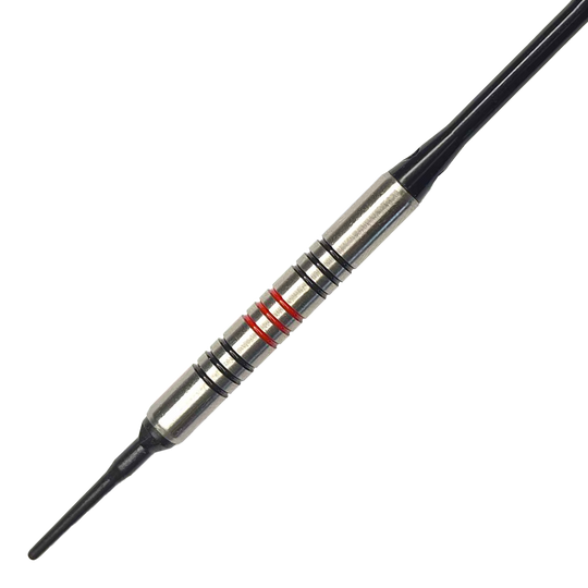 McDart 85 Tungsten V11 Soft Darts - 17.5g Dies ist ein McDart 85er Tungsten V11 Softdart mit einem Gewicht von 17,5g. Der Dart hat einen silbernen Körper mit schwarzen und roten Ringen.