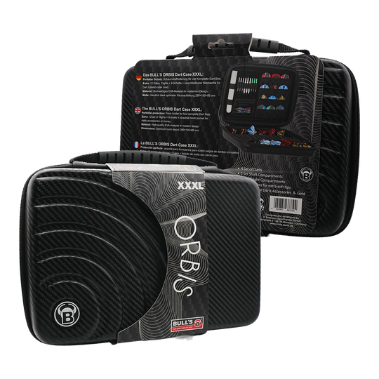 Bulls Orbis XXL dart case - carbon gray Das Bild zeigt das Produkt "Bulls Orbis XXL Dartcase - Carbongrey" in schwarzer Carbon-Optik. Das Dartcase ist groß und bietet Platz für mehrere Dart-Sets und Zubehör.