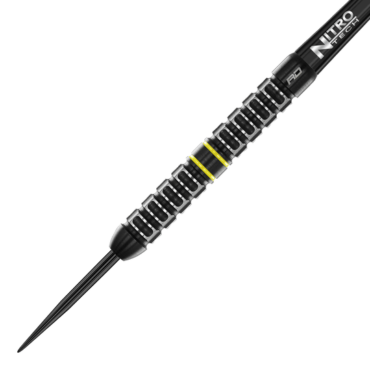 Red Dragon Astraeus Q4X Parallel Steeldarts Der Red Dragon Astraeus Q4X Parallel Steeldart hat ein schwarzes, geriffeltes Design mit silbernen und gelben Akzenten. Er wirkt hochwertig verarbeitet und ist für präzises Werfen ausgelegt.