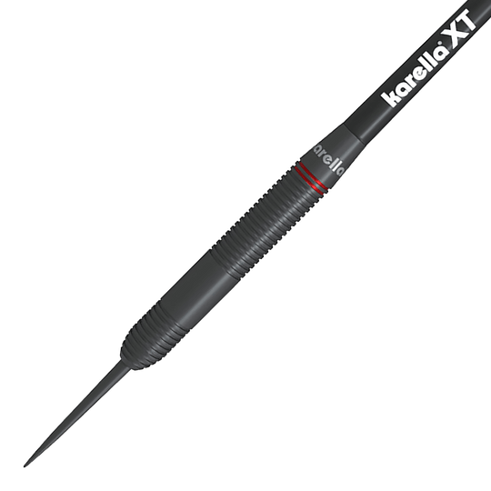 Karella Daniel Klose steel darts Das Bild zeigt einen Karella Daniel Klose Steeldartpfeil. Der Dart ist schwarz mit einem geriffelten Griffbereich und einem roten Ring.