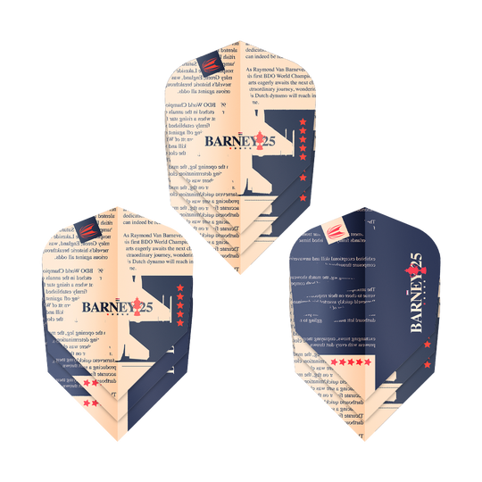 Das Bild zeigt drei Dart-Flights mit dem Design „BARNEY25“ und Sternen. Sie sind in den Farben Dunkelblau und Beige gehalten und tragen Text sowie ein Logo.