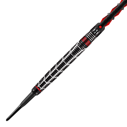 Harrows Atrax Softdarts Auf dem Bild ist ein Softdart-Pfeil mit einem auffällig gemusterten, schwarzen Griff zu sehen. Der Dart hat silberne und rote Akzente, die ihm ein modernes und sportliches Aussehen verleihen.