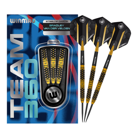Winmau Team 360 Bradley Van Der Velden Steel Darts - 22g Zu sehen ist ein Winmau Team 360 Bradley Van Der Velden Steeldarts - 22g. Das Bild vermittelt einen vollständigen Eindruck des Dartprodukts.
