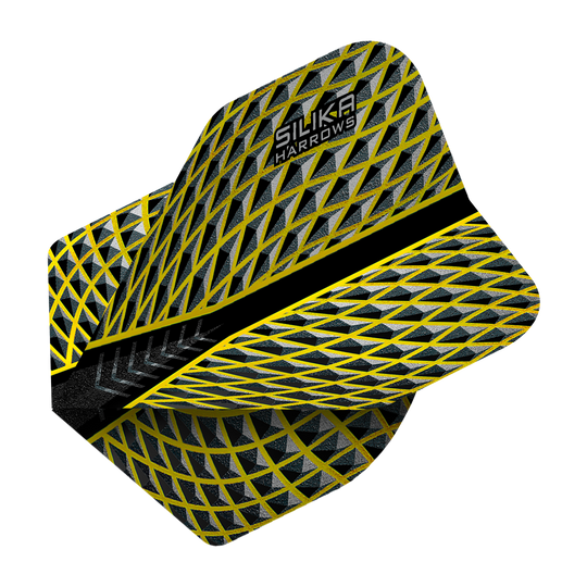HR88_Harrows_Silika_Yellow_No2_Standard_Flights_2 Das Bild zeigt das Produkt "Harrows Silika Yellow No2 Standard Flights". Das Flight hat ein auffälliges gelb-schwarzes Rautenmuster und trägt den Schriftzug "Silika Harrows".
