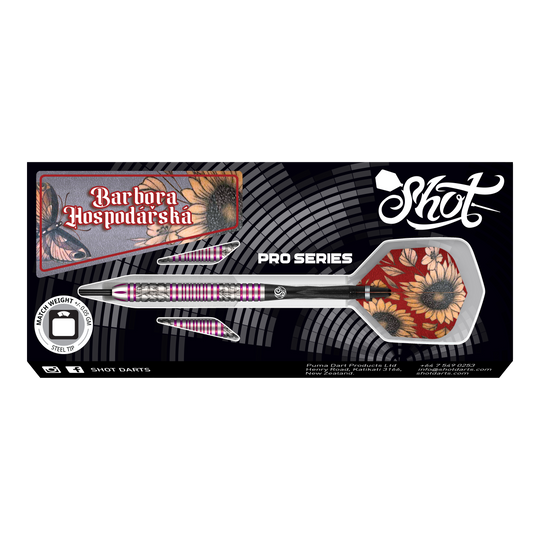 Shot Pro Series Barbora Hospodarska 2 Steeldarts - 23g Das Bild zeigt das Produkt "Shot Pro Series Barora Hospodarska Steeldarts - 23g". Die Darts haben ein auffälliges Design mit Blumenmuster und sind für professionelle Spieler geeignet.