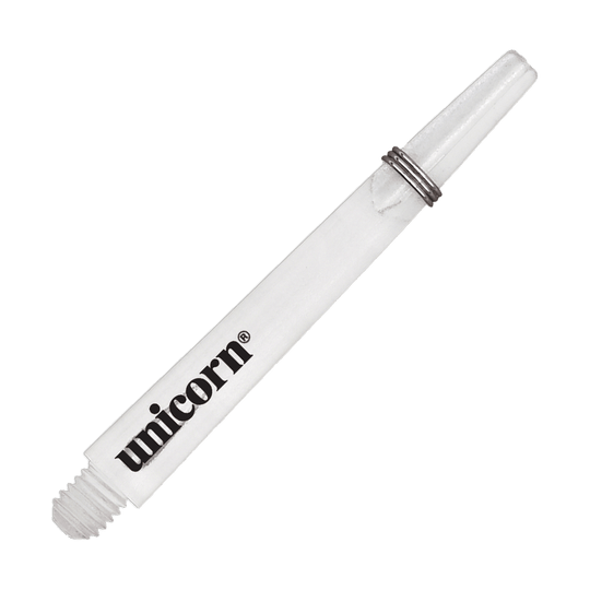 Das Bild zeigt einen klaren Unicorn Gripper 3 Mirage Shaft mit einer Länge von 44,2 mm. Auf dem Schaft ist das Wort "unicorn" aufgedruckt.