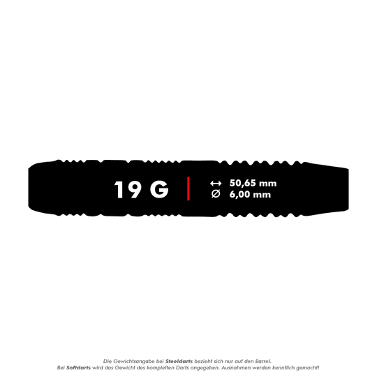 Das Bild zeigt die Produktdetails der "Unicorn Core Plus Rubberised Pink Softdarts - 19g". Die Darts wiegen 19 Gramm und haben eine Länge von 50,65 mm sowie einen Durchmesser von 6,00 mm.