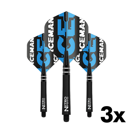 X0514_RedDragon_Gerwyn_Price_Flight_Shaft_Combo_V2_1 Das Bild zeigt das 'Red Dragon Gerwyn Price Flight Shaft Combo Pack V2' mit drei schwarzen Dartschäften und passenden Flights. Auf den Flights steht in blau-weißer Schrift "ICEMAN".