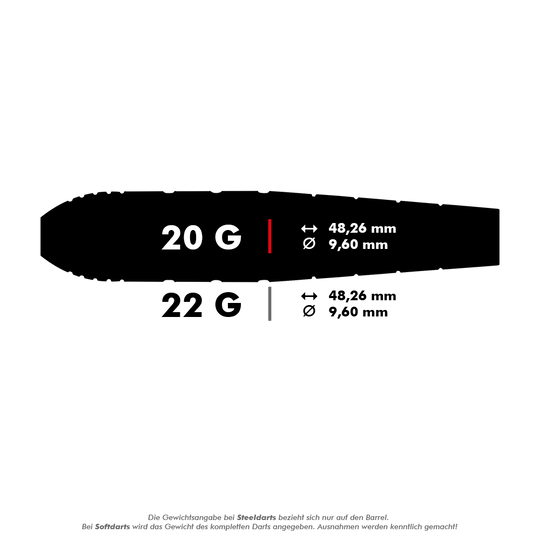 Red Dragon Luke Humphries World Champion Brass Steel Darts Das Bild zeigt die technischen Daten von Steeldarts mit 20 Gramm und 22 Gramm Gewicht. Beide Varianten haben eine Länge von 48,26 mm und einen Durchmesser von 9,60 mm.