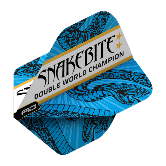 TF6705_Red_Dragon_Hardcore_Snakebite_Double_World_Champion_BlueWhite_Standard_Flights_2xGGfmuXAptPmf Das Bild zeigt ein Dart-Flight mit blau-weißem Schlangenmuster. Auf dem Flight steht "Snakebite Double World Champion".