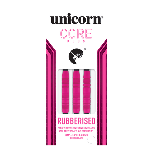 Das Bild zeigt eine Packung der "Unicorn Core Plus Rubberised Pink Softdarts - 19g". In der Verpackung befinden sich drei pinke, gummierte Softdarts.