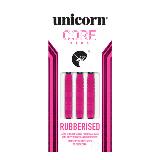 Unicorn Core Plus Rubberised Pink Softdarts - 19g Das Bild zeigt eine Packung der "Unicorn Core Plus Rubberised Pink Softdarts - 19g". In der Verpackung befinden sich drei pinke, gummierte Softdarts.