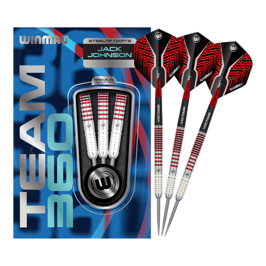 Winmau Team 360 Jack Johnson steel darts - 24g Das Bild zeigt das komplette Set der Winmau Team 360 Jack Johnson Steeldarts mit 24g. Die Steeldarts sind für präzises Werfen entwickelt.