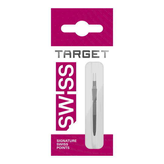 Hier sind drei schwarze Dartspitzen von Target Elysian Archetype 43 SwissPoint, 30 mm lang, zu sehen. Sie werden als Gruppe präsentiert.