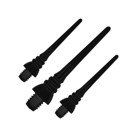 Winmau Triton Softtip Points Softdartspitzen (50-er Pack) Auf dem Bild sind drei schwarze Softdartspitzen zu sehen. Sie liegen nebeneinander und haben ein Gewinde am unteren Ende.