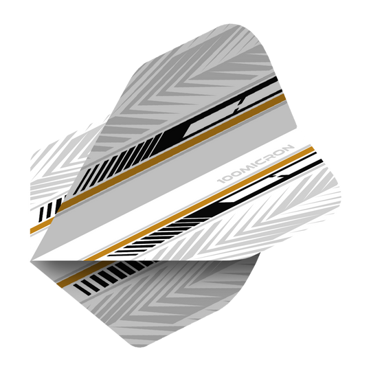 Pentathlon Flights white/black/gold Das Bild zeigt ein Dartflight mit einem modernen Design in Weiß, Schwarz und Gold. Die Oberfläche ist mit geometrischen Mustern und Streifen verziert.