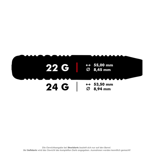 Das Bild zeigt die Maße und das Gewicht von zwei Dartpfeilen. Der 22-Gramm-Dart ist 55,00 mm lang und hat einen Durchmesser von 8,45 mm, während der 24-Gramm-Dart 53,50 mm lang und 8,94 mm dick ist.
