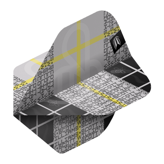 Das Bild zeigt ein Dartflight aus der Serie "Target Pro Ultra Scott Williams GEN2 No2 Standard Flights". Das Design ist in Schwarz, Weiß und Grau mit gelben Linien und einem modernen Muster gehalten.