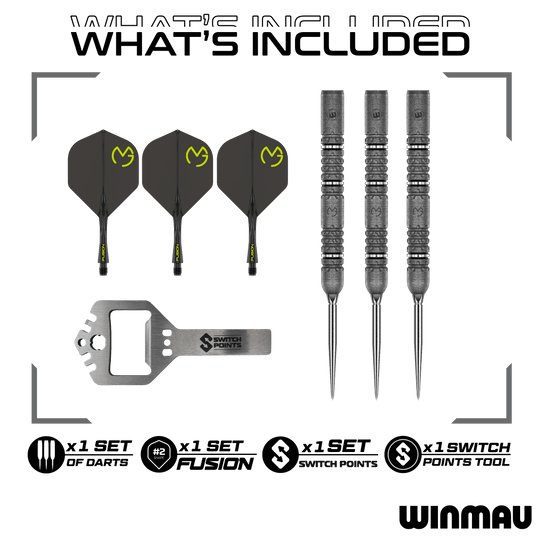 Das Produkt ist die Winmau MvG Signature Edition Switch Points Steeldarts. Diese Steeldarts sind für Präzision und Qualität bekannt.
