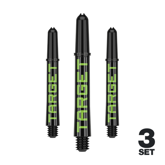 Target Pro Grip TAG Shafts - 3 Sets - Black Green Ein komplettes Set Dart-Schäfte mit kräftigen Farben ist dargestellt. Die Schäfte sind auf gleichem Abstand angeordnet.