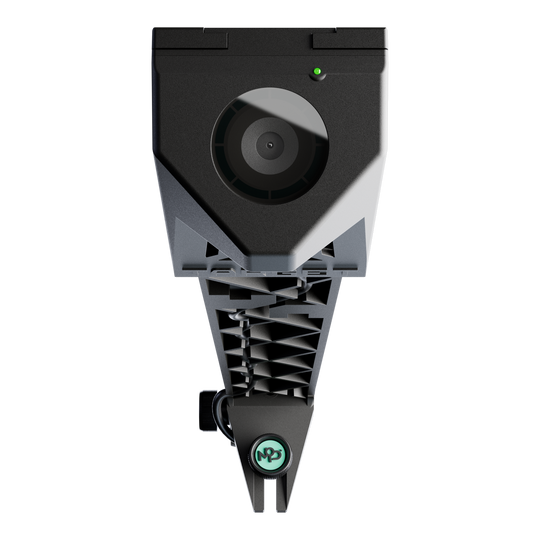 Target VIRT Camera Das Bild zeigt die Target VIRT Kamera aus der Vorderansicht. Die Kamera hat ein modernes, technisches Design mit einem großen Objektiv in der Mitte.