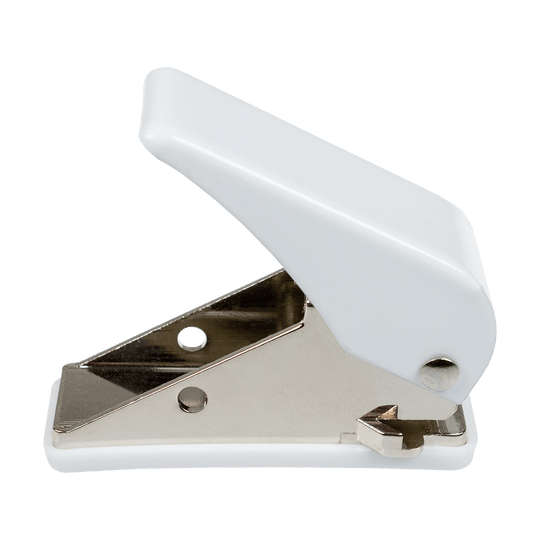 630-Flight-Locher-630-2 Das Bild zeigt den Flight Locher 630, einen kompakten weißen Locher. Er besteht aus Metall und Kunststoff und eignet sich zum Stanzen von Papier.