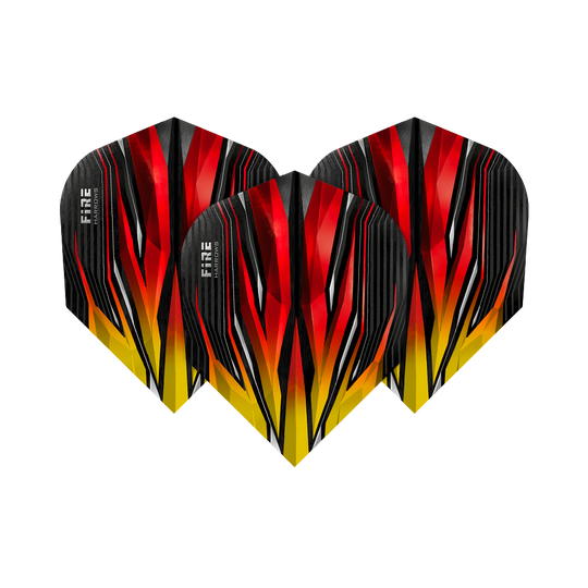 HR3_Harrows_Fire_Two-Tone_Standard_Flights_1TKyLXmeLByCmQ Das Bild zeigt drei Harrows Fire Two-Tone Standard Flights für Dartpfeile. Die Flights sind in auffälligen Rot-, Gelb- und Schwarztönen gestaltet und haben ein modernes, flammenartiges Design.